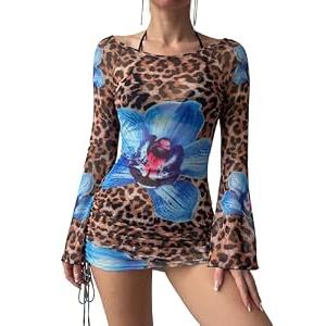 ZAFUL Womens Swimsuit Cover Up Dress Off Shoulder Hollow CoverUp Bathing Suit Mesh Swim Beach Dress 0-1Brown M