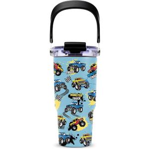 Monster Truck Tumbler with Top Handle and Flip Straw Lid 20oz Stainless Steel Insulated Travel Cups for Boys - Christmas Birthday Ideas for Monster Truck Kids Coffee Mugs