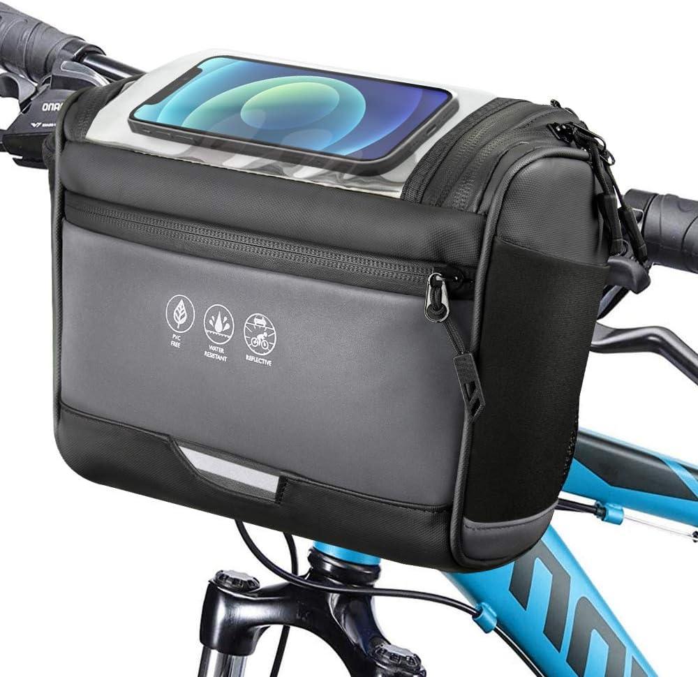WOTOW Bike Front Handlebar Bag - Large Reflective Bicycle Handlebar Basket Bags Waterproof Storage Pannier for Bike Touchable Transparent Phone Holder Pouch for Men Women Road MTB Outdoor Cycling 3.5L