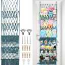 5 Tier Stuffed Animal Storage Shelf Net, 17x61 Inch Large Plushie Net w/LED Light & Clips for Mini Medium Stuffy Teddy, Aqua Boho Macrame Wall Toy Holder Display for Nursery Kids Girls Boys