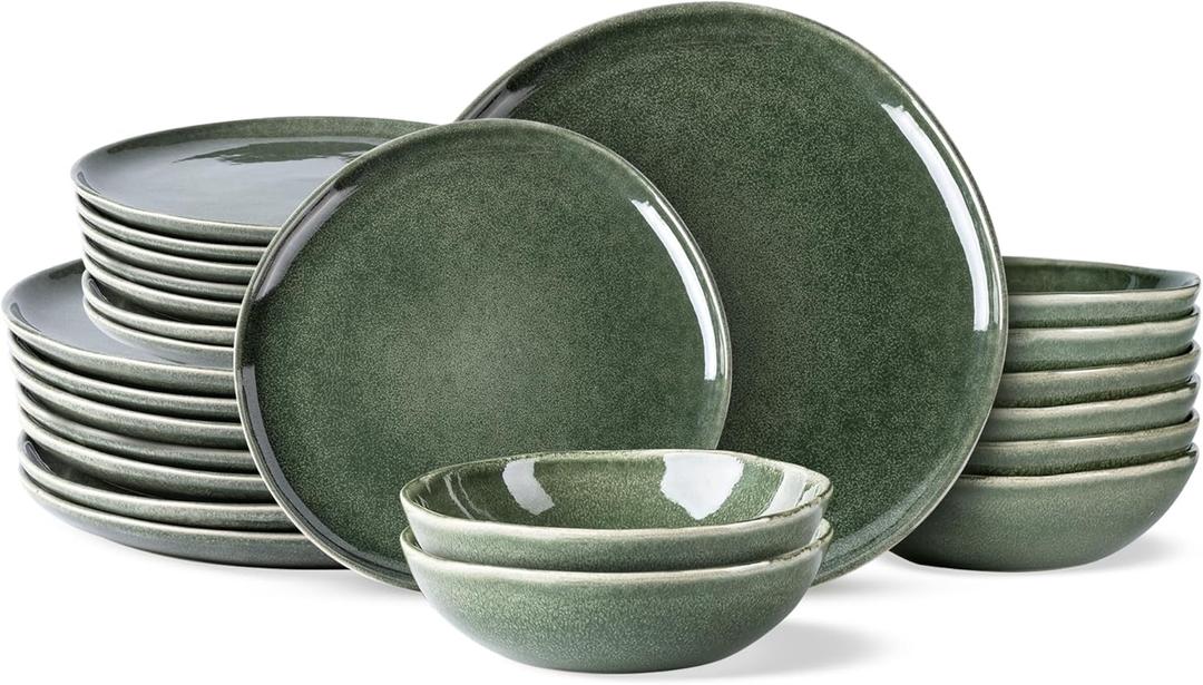 AmorArc Ceramic Dinnerware Sets,Handmade Reactive Glaze Stoneware Plates and Bowls Set,Highly Chip and Crack Resistant | Dishwasher & Microwave Safe Dishes Set,Service for 8 (24pc) (Jade Green)