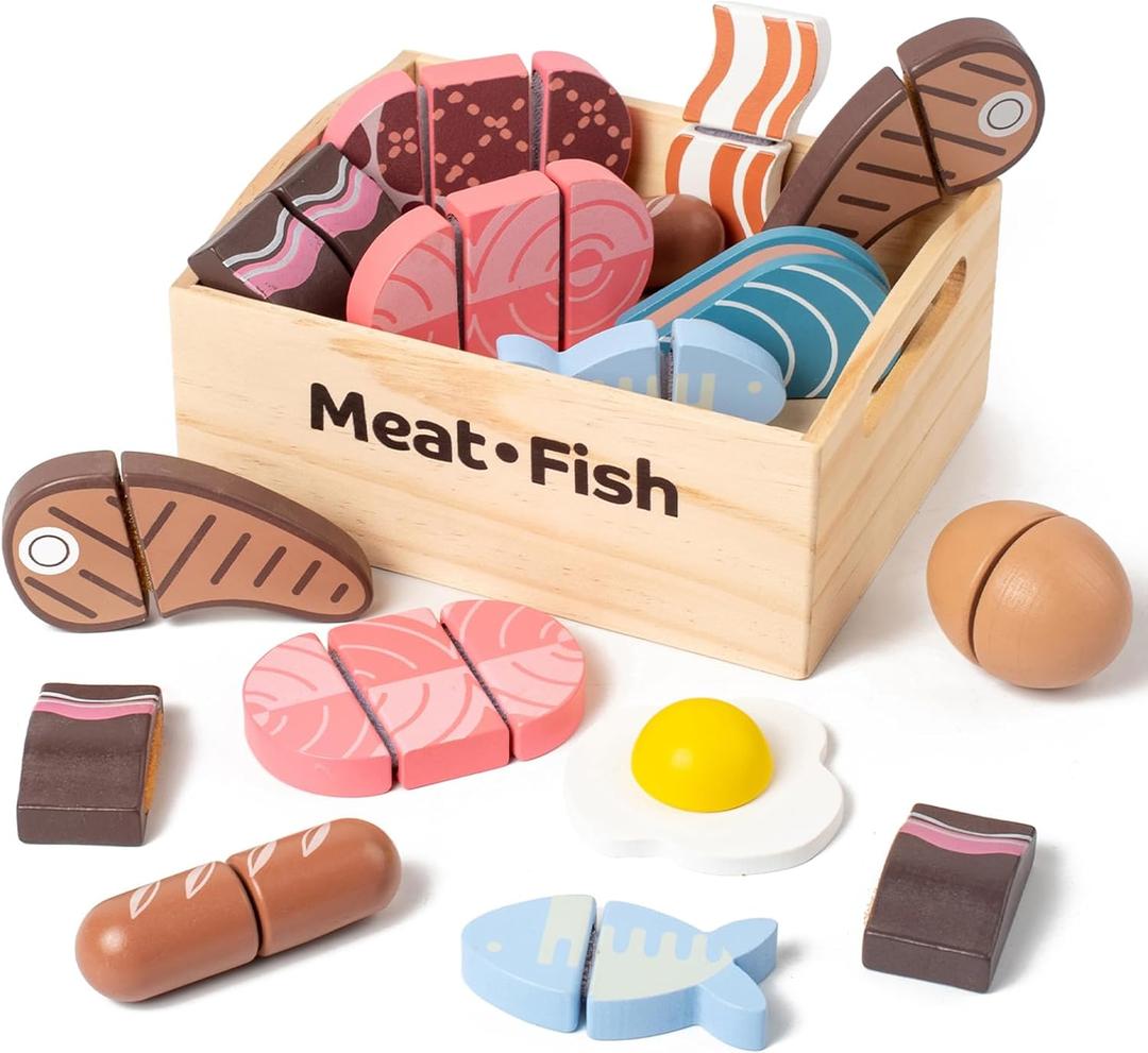 10 PCS Meat & Fish Wooden Play Food Set for Kids Kitchen, Wooden Toy Pretend Play Food Cutting Set, Realistic Protein Play Food Set, Christmas Birthday Present for Toddlers & Kids Ages 3+