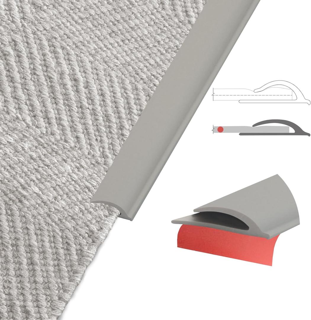 Flexible Carpet Edge Trim – Self-Adhesive Waterproof Cuttable Safety Edging for Thick Rugs &Mats, Peel & Stick Floor Transition Strip, for High-Traffic Areas (Fits Thin Carpets Up to 8mm, Grey-20Ft)