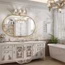 Gold Oval Mirror for Wall, 48x30 Inch Large Oval Bathroom Mirror, Antigue Gold Vanity Mirrors, Metal Floral Frame Mirror for Bedroom Living Room, Hangs Horizontally or Vertically