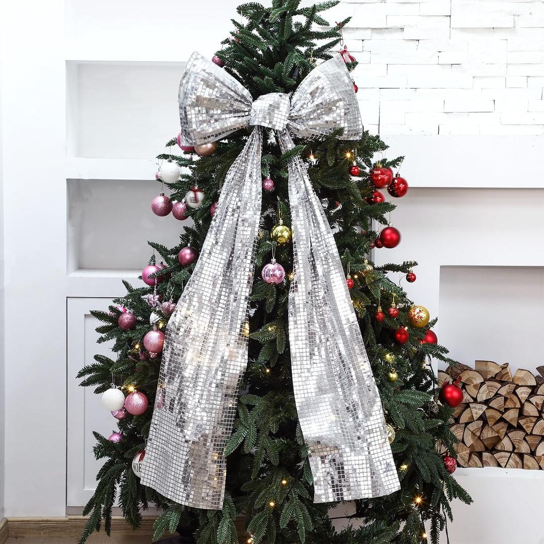 Christmas Disco Ribbon Bow 40 x 20 Inch Large Silver Bow Decor Mirror Ribbon Sequin Premade Xmas Glittery Ornaments for Xmas Tree Topper Wreath Background Wall Holiday Themed Party
