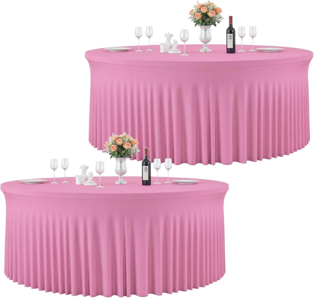 2 Pack 132inch Pink Round Tablecloth, Circle Stretch Table Cloths for 6 FT Tables, Wrinkle Free Round Table Skirt for Wedding Birthday Photography Party Social Events Engagement Party Decorations