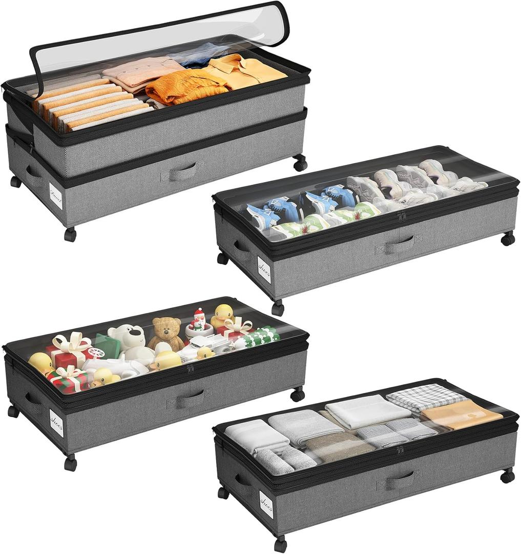 Kitstorack 4 Pack Height-adjustable Under Bed Storage with Wheels, Under Bed Storage Containers,Under Bed Shoe Storage Organizer with Clear Window&Label, Suitable for Clothes Storage, Gray