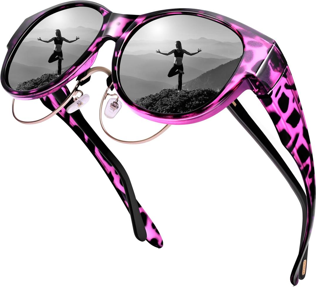 URUMQI Sunglasses Fit Over Glasses for Women, Polarized UV400 Protection Sun Glasses Trendy Round Cat Eye Shades Large Lens (A05 Purple Tortoirse Frame/Grey Lens)