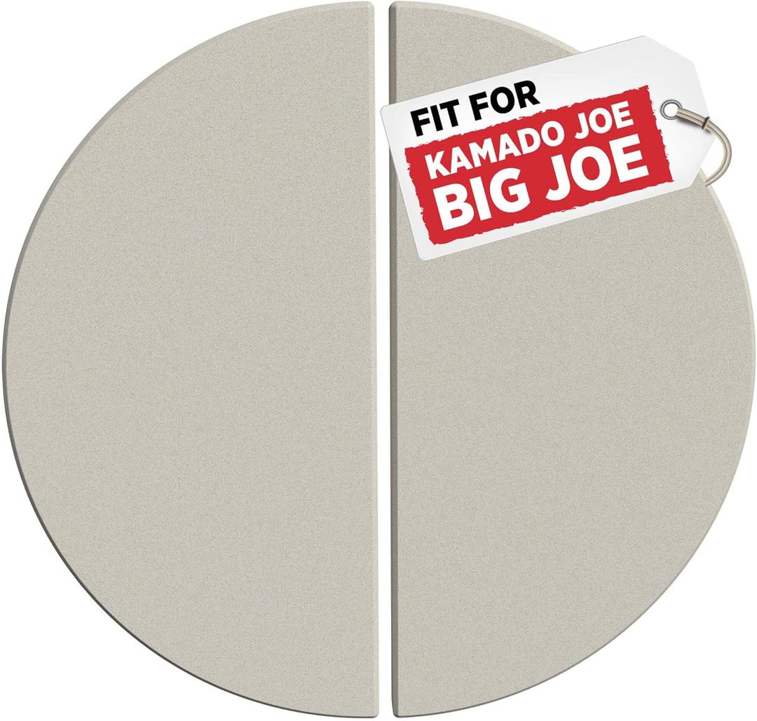 Half-Moon Ceramic Heat Deflector Plates for Kamado Joe Big Joe I, II, III - 19.8 Inch Pizza Stone - Kamado Joe Accessories and Replacement Parts by Smoker Chef - 2-Pack