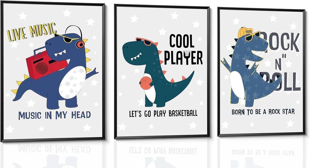 3Pcs Cartoon Dinosaur Wall Art Trio Set Music Sports Rock Themes Playful Canvas Prints Vibrant Color Posters Starry Gray Background Pictures Paintings for Kids Room Wall Decor Nursery Decoration Unframed