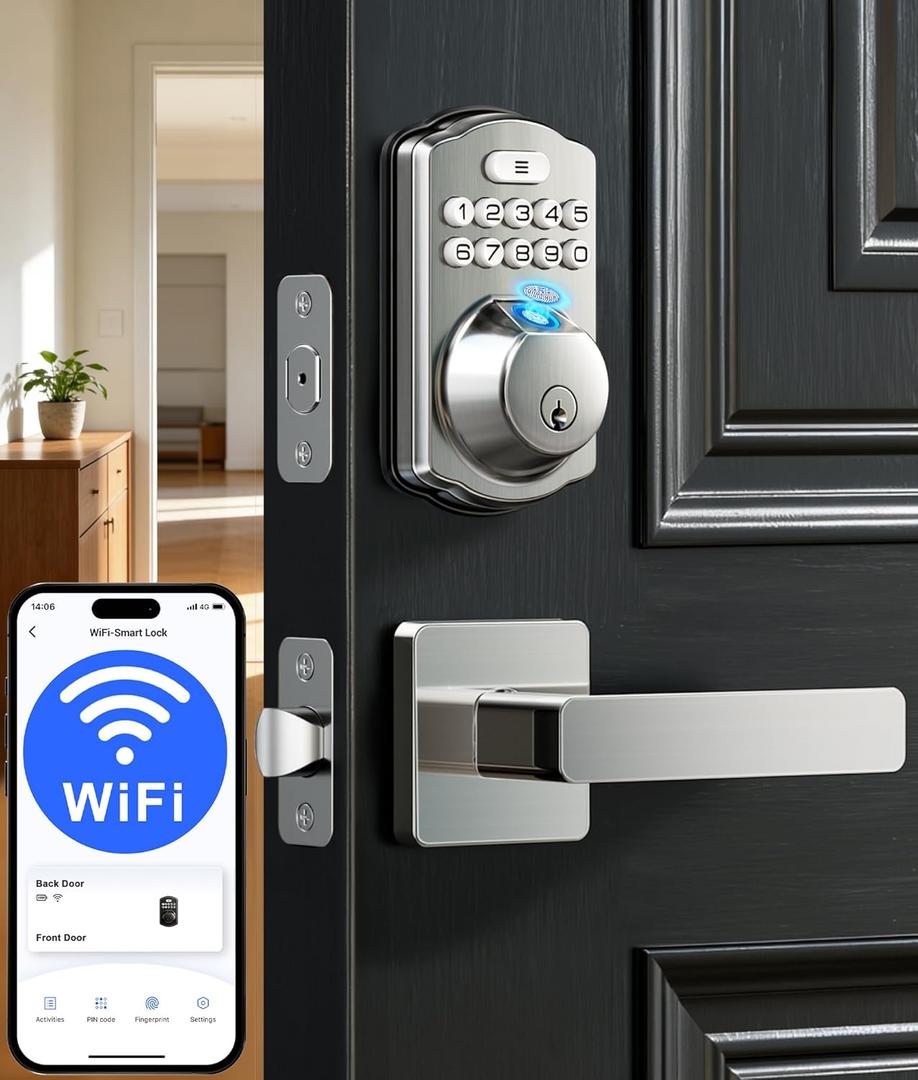 Veise VE012W-L Built-in Wi-Fi Fingerprint Smart Lock with Lever Handle Set, App Remote Control, Keyless Entry for Front Door, Deadbolt Digital Backlit Keypad, Voice Assistant, Auto Lock, Satin Nickel