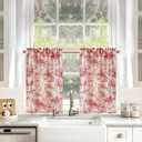 DriftAway Kitchen Curtains Toile Tier Linen Short Curtains Cafe 36 Inch Length for Living Room Bathroom Farmhouse French Country Vintage Printed Pattern Rod Pocket 2 Panels Red