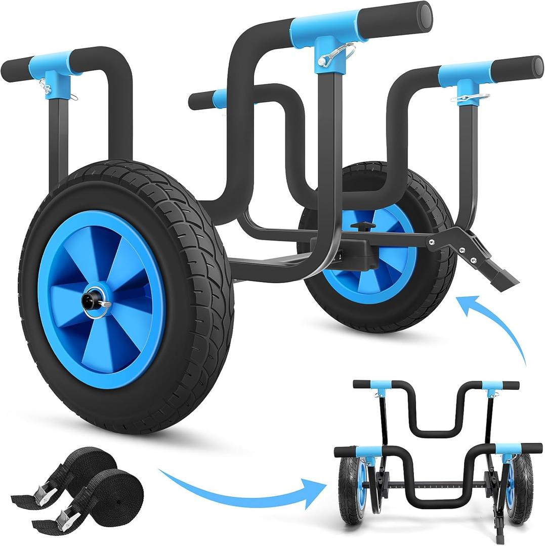 2 in 1 Kayak Cart SUP Board Cart, Heavy Duty Kayak Trolley with Adjustable Bi-Directional Bunker Bars and 14" Solid Rubber Tires, 330 LB Capacity, Dolly for Kayaks Canoes Jon Boats (blue)