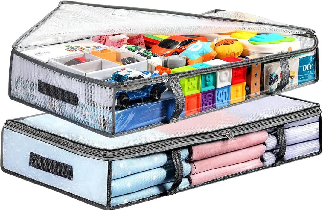 2 Pack Under Bed Storage Containers Bins, Humid-Proof Plastic Underbed Storage Bins, Clothes Storage and Organization Bags, Under the Bed Blanket Storage with Handles for Clothes, Bedroom (55L)