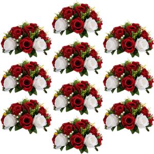 Sziqiqi Red Fake Flowers for Wedding Centerpiece Kissing Flower Balls for Tables Flower Centerpieces Arrangement for Party Road Lead (Crimson Red & White)