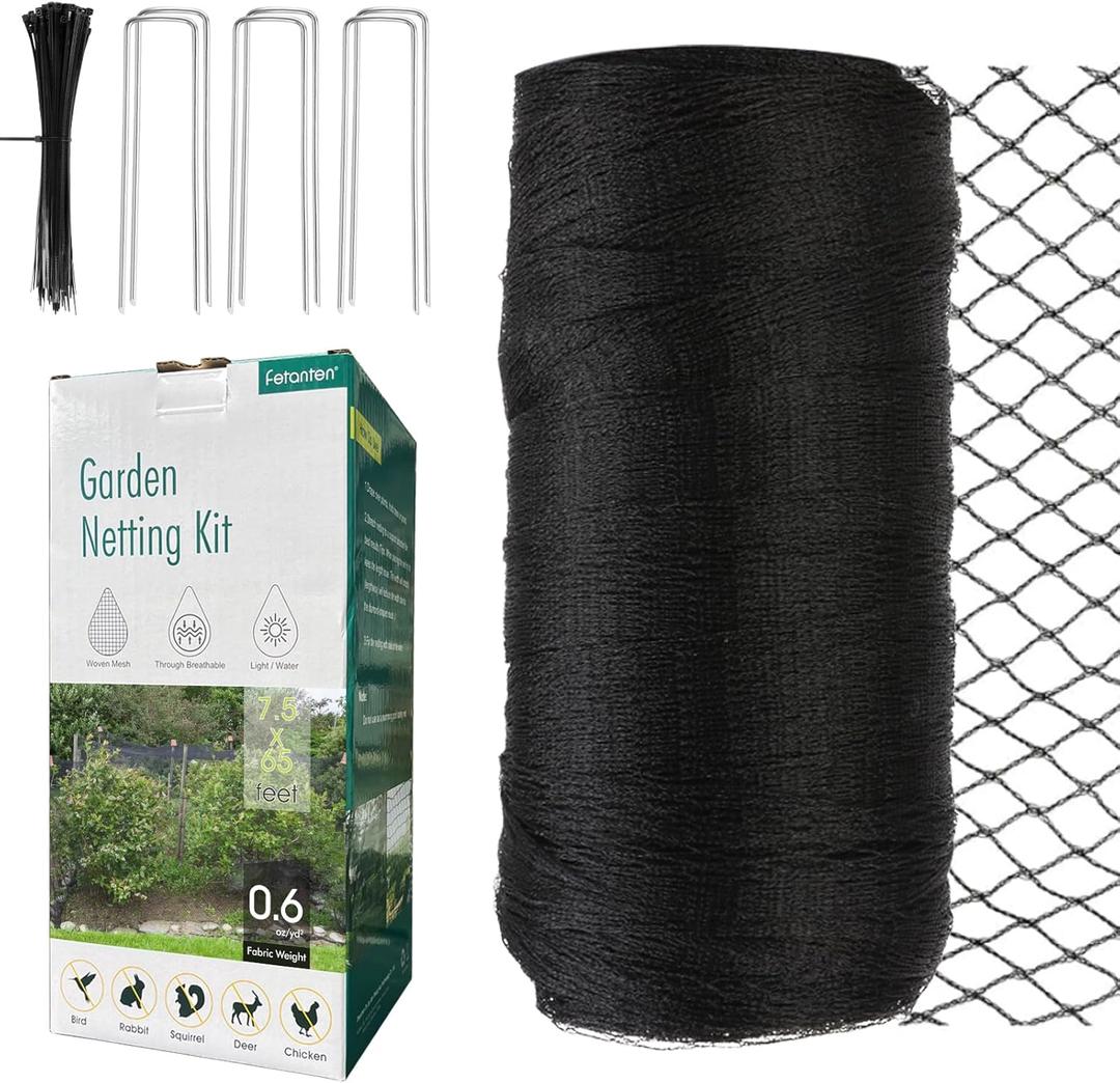 Bird Netting for Garden, Fetanten 7.5 x 65 FT Netting for Garden Protection Vegetables Fruit Trees Blueberry from Birds Deer Poultry, Heavy Duty Woven Mesh Net Animal Fencing with Ties and Staples