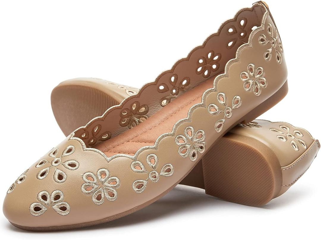 Women's Ballet Flats Black PU Leather Dress Shoes Comfortable Round Toe Slip on Flats with Breathable Eyelets (9, Apricot)