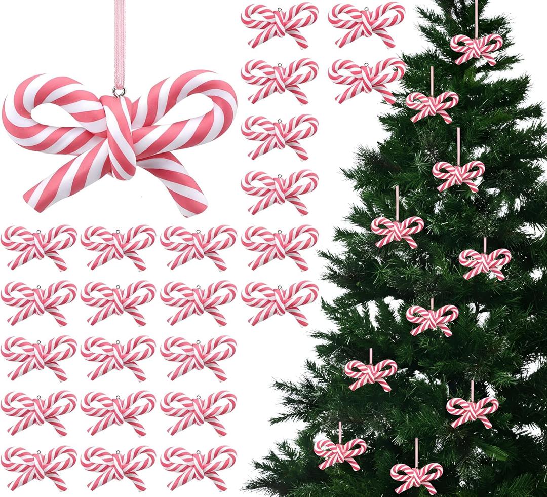 Hungdao 24 Pcs Bow Candy Cane Christmas Ornaments Pink and White Christmas Tree Decoration Stripe Candy Cane Hanging Ornament Polymer Clay Peppermint Pendant for for Xmas Tree Home Party Holiday Decor