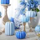 WDS WONDROUS Fall Pumpkin Decor Set of 7 Thanksgiving Decorative, Artificial Fake Blue Pumpkins with Gold Stems Decorations for Home, Resin Pumpkins Set Harvest Gender Reveal Mantel Table Centerpiece