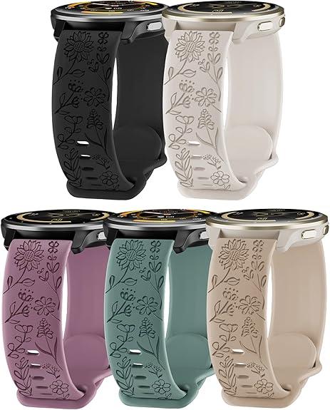 HQzon 5 Pack 22mm Floral Engraved Watch Bands Compatible with Garmin Venu 4 Watch Band 45mm/Venu 3/Venu 2/Vivoactive 4 /Forerunner 265/255/255 Music,Soft Silicone Sport Straps for Women Men