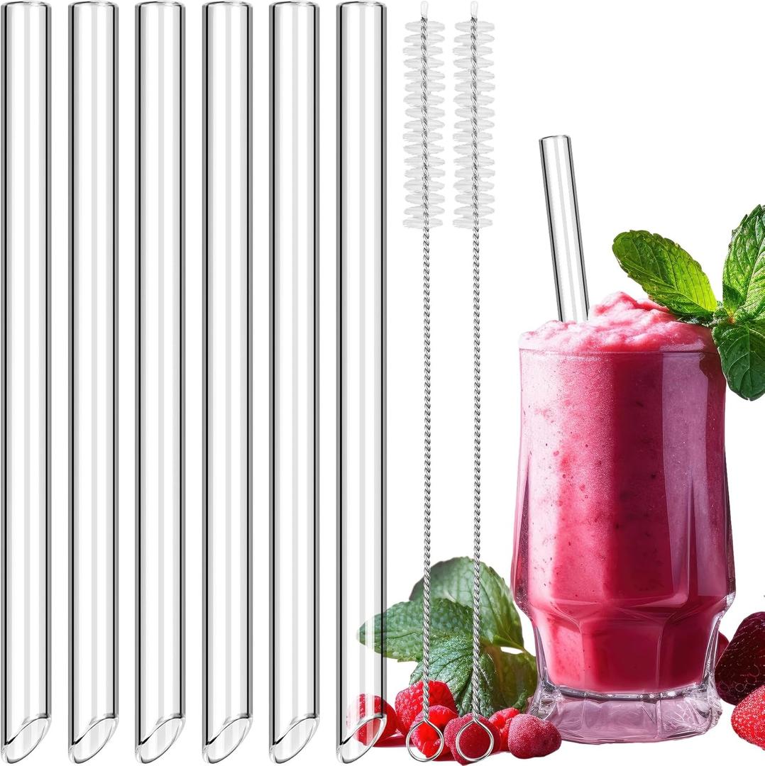 NiHome 6-Pack 9" Length Clear Glass Reusable Straws for Boba, Smoothies, 14mm (0.55) Extra-Wide Transparent Drinking Straws for Bubble Tea, Juices, Slushies, Easy to Clean with 2 Brushes