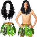 2 Pcs Costume Wig and Leaf Hula Skirt Set for Men Include Medium Long Curly Wig and Leaf Skirt for Halloween Cosplay Costume