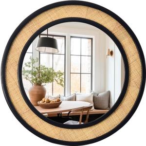 Round Rattan Mirror, 24" Circle Wall Mirror, Farmhouse Wooden Vanity Mirror with Handmade Wicker Frame, Decorative Boho Mirror for Nursery Bedroom Living Room Entryway Black