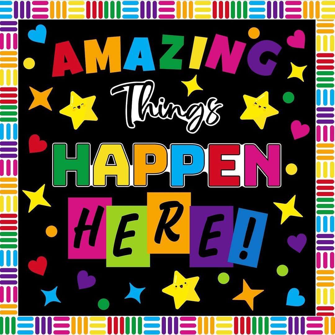 2 x YQUQWN 66 PCS Without Glue Points Classroom Bulletin Board Decoration Set,Colorful Amazing Things Happen Here Welcome Back to School Bulletin Board Decor Welcome Bulletin Board Sets