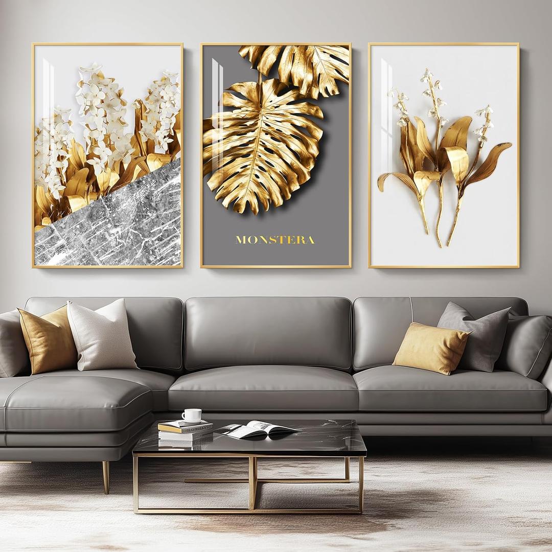 Framed Modern Luxury Large Gold Wall Art for Living Room, Set of 3 Piece Contemporary Paintings Artwork for Walls, Big Size Prints with Gold Frame, Pictures for Hallway, Office Wall Decor 24x36 Inch