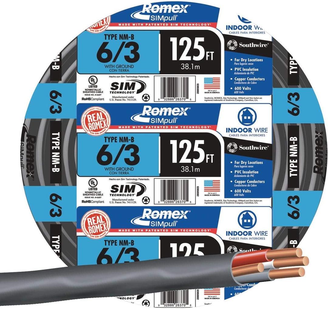 Southwire 63950002 125ft. 6 Gauge 3 Conductor Nonmetallic Sheathed Type NM-B Cable, Black
