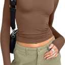 Trendy Queen Womens Long Sleeve Shirts Basic Tees Crop Tops Going Out Spring 2025 Workout Outfits Y2k Clothes (Medium, Brown)