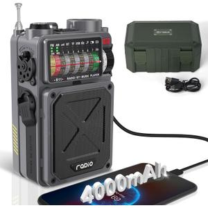 R11 Portable Shortwave Radio - 4000mAh/14800mWh NOAA/SW/AM/FM, Solar/Hand Crank/USB Charging, Bluetooth Receiver/USB/TF Playback,with Compass,Flashlight,SOS for Camping & Emergencies - Grey