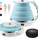 Ultrathin Upgraded Food Grade Silicone Travel Foldable Electric Kettle Boil Dry Protection Portable with Dual Voltage and Separable Power Cord,555ML 110-220V US Plug (Blue)