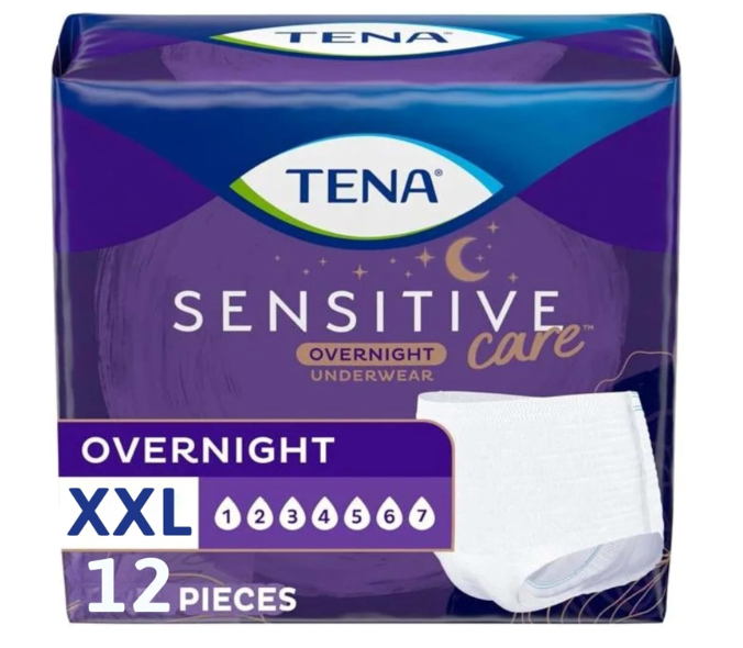 TENA Sensitive Care Overnight Incontinence Underwear for Women, Adult diapers, XXLarge (Waist Sizes 47in–66in), Better Fit, 12 Count