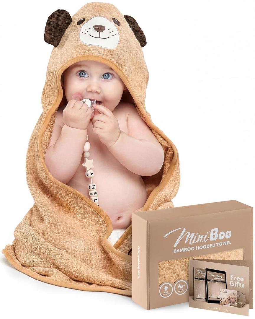 MINIBOO Hooded Baby Towels for Newborn & Toddler - Super Soft Baby Bath Towels with Hood, Highly Absorbent Viscose Made from Bamboo Hooded Towel for Boys, Girls, Newborn Essentials (32 x 32 inches, Brown Dog)