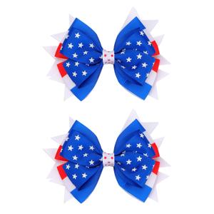2 x 4th of July Hair Bow Clips - 2Pcs Independence Day Hair Bows Clips Stars Stripes Alligator Barrettes Hair Accessories for Women Girls for Memorial Day (Blue Star)