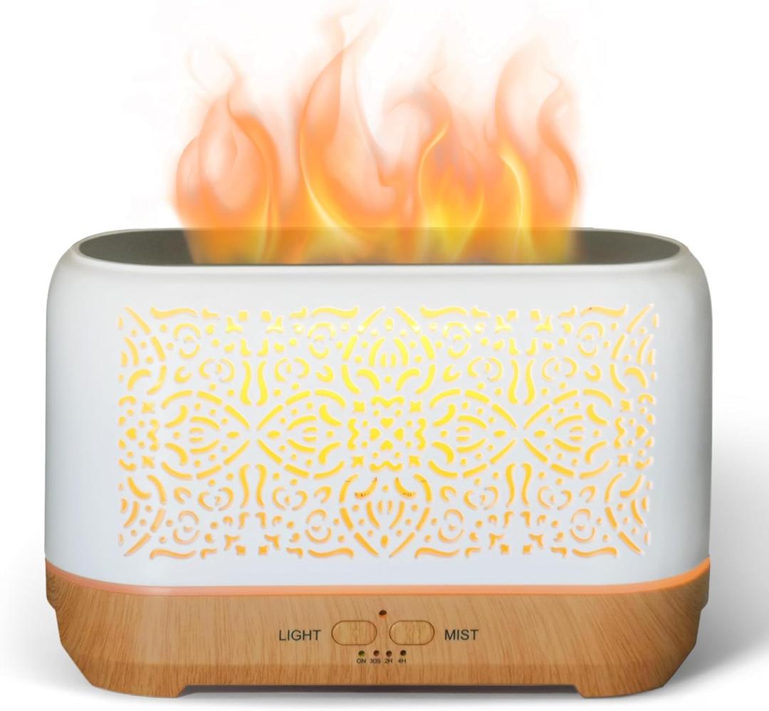 Earnest Living Essential Oil Diffuser Ultrasonic Classic Flame Air Diffuser 200ml Fire Mist Timers Night Lights and Auto Off Function Home Office Humidifier Aromatherapy Diffusers for Essential Oils (White)