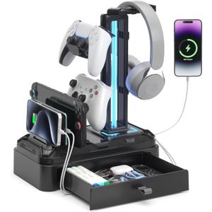 KDD Headphone Stand with USB A&C Charger Ports - RGB Controller Stand with Detachable Hooks - Rotatable Headset Hanger & Device Slot for Phones/Tablets - Drawer Storage Base for Gaming Desk Organizer