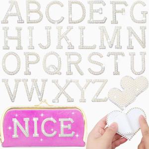 28PCS Large Size Pearl Rhinestone Letters Patches Self-Adhesive Alphabet A-Z Glitter AB Colored Rhinestones Heart Pearls Applique Stickers for DIY Clothes Backpacks Hats(3 Inch,AB White)