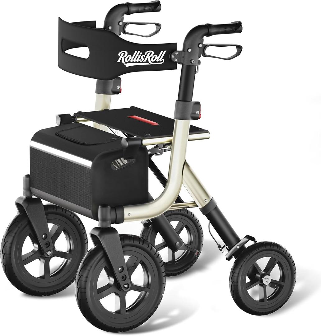 Walkers for Seniors, Rollator Walker with Seat, 12" Big Rubber Wheels All Terrain Rolling Walker with Backrest, Foldable Rollator Walker, Reinforced Aluminum Frame, Built-in Cable, Golden