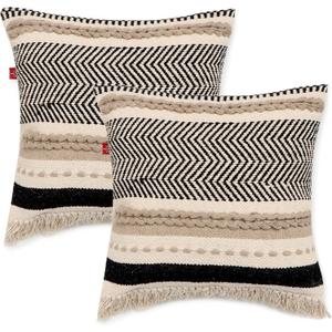 REDEARTH  Handmade Boho Throw Pillow Covers - Bohemian Chic Farmhouse Style - Accent Woven Indoor and Outdoor Pillow Cushion Cases for Couch, Bed, Chair, Sofa, Bench  Set of 2-18"x18" - Natural (Chevron Maze Black)