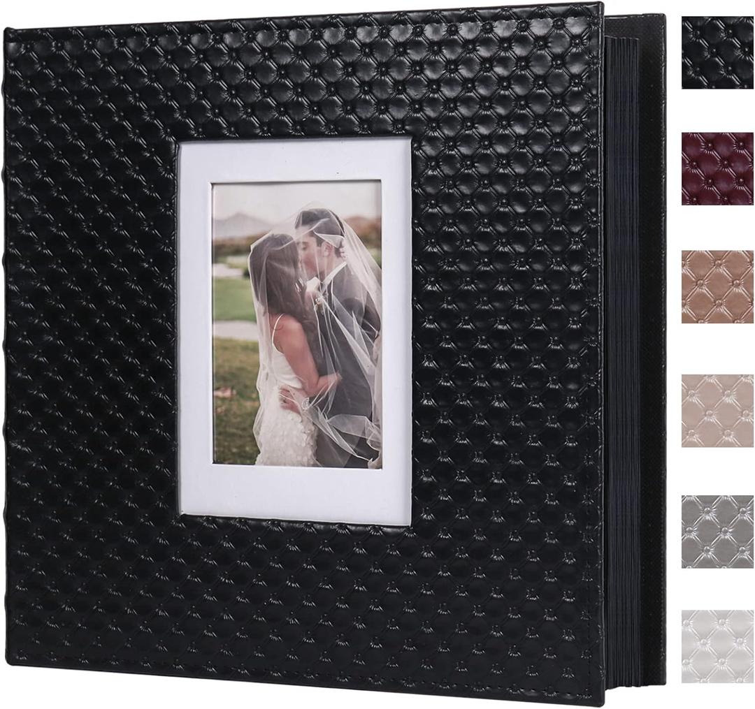 RECUTMS Self Adhesive Photo Album, Large PU Leather Scrapbook Album with Cover Window, 60 Pages DIY Picture Album Holds 3x5 4x6 5x7 8x10 Photos for Family, Wedding, Travel & Memory Book Black (13.6x13.2 inch black pages)