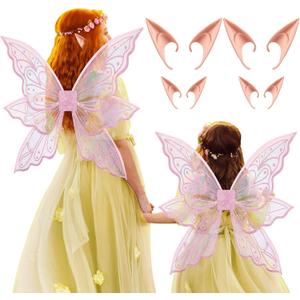 2 Set Glitter Fairy Wings with Elf Ears Butterfly Wing Mum Daughter Halloween Fairy Costume for Girl Women (Pink)