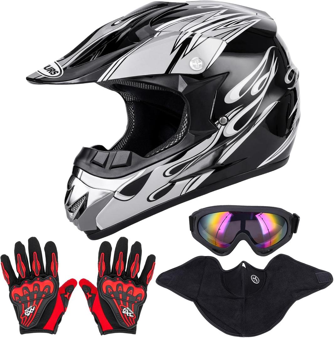 Adult Motocross Dirt Bike Helmet with Goggle, Gloves & Mask - DOT/FMVSS-218 Off-Road Motorcycle & ATV Helmet with Adjustable Sun Visor (Medium, New Black Flame)