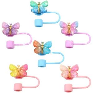 Hpebl Straw Covers Cap, 6 PCS Fade Color Glitter Toppers for Stanley Cup, Reusable Tumbler Accessories Compatible with 10mm Straw, Funny Gifts for Women & Girls（Butterfly-E）