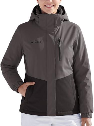 FREE SOLDIER Women's Waterproof Ski Jacket Fleece Lined Warm Winter Snow Coat Windproof Hooded Raincoat (Gray Black,M)