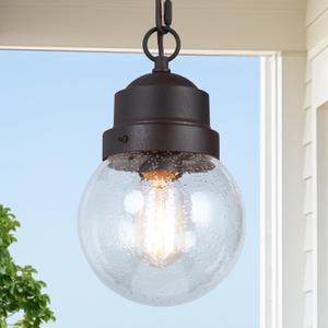 Outdoor Pendant Light Fixture, Farmhouse Exterior Globe Anti-Rust Hanging Lights with Adjustable Chain, Bronze Ceiling Outdoor Lantern Light with Seeded Glass for Front Door, Entry, Porch, and Gazebo