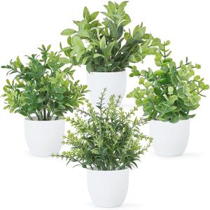Mkono 4 Packs Fake Plants Mini Artificial Greenery Potted Plants Faux Eucalyptus for Spring Decor Home Indoor Office Table Shelf Room Bathroom Farmhouse Decor (White)