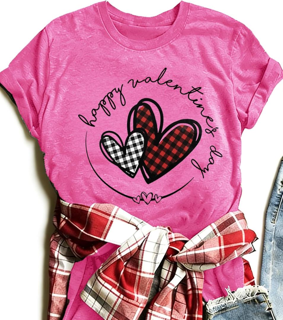 Love Heart Graphic Tees Cute Shirt Women Loose Fit Short Sleeve Top (Pink)