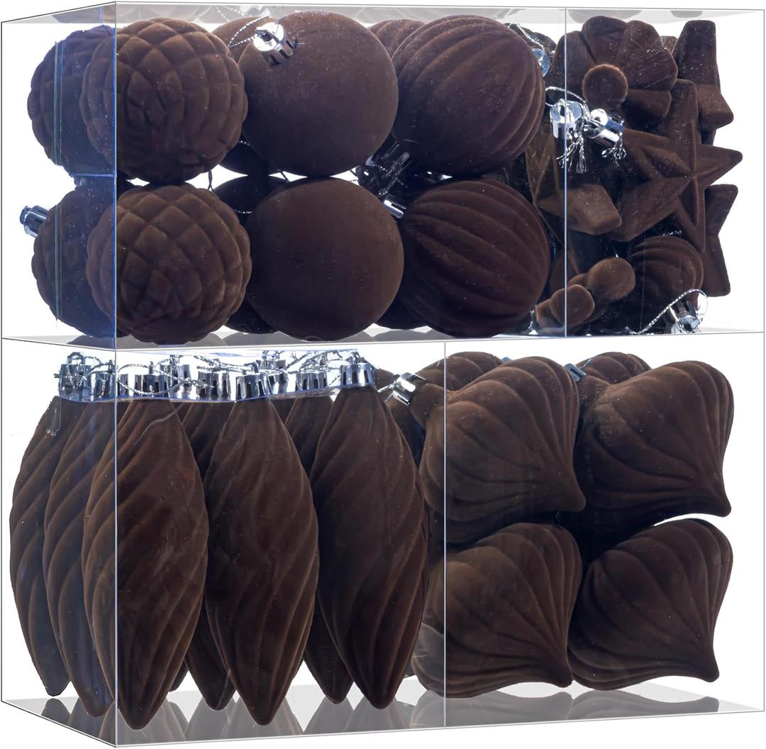 48Pcs Brown Velvet Christmas Ornaments Set, Assorted Flocked Christmas Baubles Decorations, Shatterproof Christmas Balls Hanging Decor for Xmas Tree/Home/Party/Holiday (Brown)
